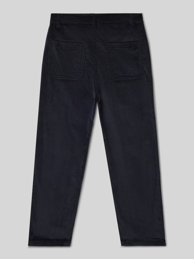 Produktfoto, dunkelblaue Straight Fit Stoffhose in Cord-Optik Modell 'Gambia' von Mango, elastischer Baumwoll-Mix, Gesäßtaschen sichtbar.