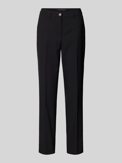 Produktfoto, Stoffhose mit Bügelfalten von Betty Barclay aus schwarzem Material-Mix mit Stretch-Anteil, schmaler Schnitt, Bundweite 40 cm, Innenbeinlänge 76 cm, Haken-, Knopf- und Reißverschluss, französische Eingrifftaschen, Leistentaschen am Gesäß