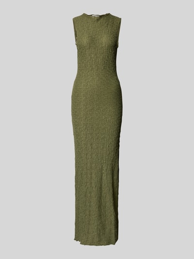 Produktfoto, długa sukienka z mieszanki materiałów z dodatkiem streczu, prosty krój, okrągły dekolt, model 'FALL' od Vila, długość tyłu w rozmiarze S: 136 cm, szerokość w rozmiarze S: 33 cm, kolor oliwkowy, faktura strukturalna