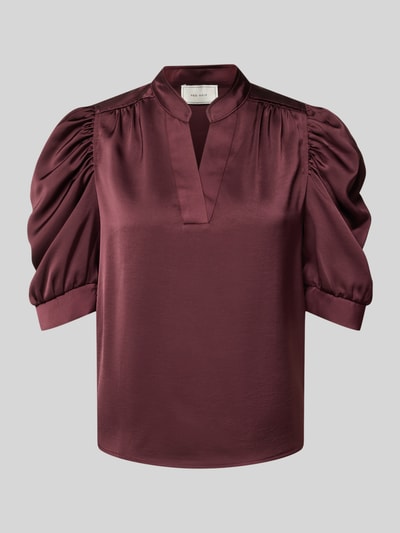 Produktfoto, Regular Fit Bluse aus Satin mit Puffärmeln Modell 'Roella' von Neo Noir in dunklem Rot, glatte Textur, V-Ausschnitt