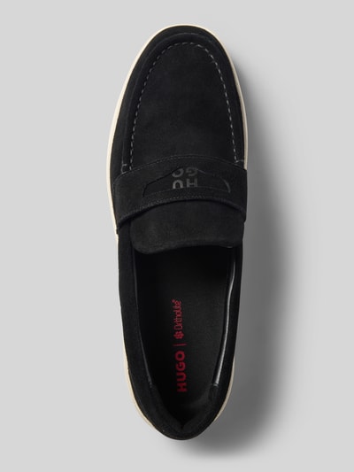 Produktfoto, schwarzer Loafer aus echtem Rindsleder Modell 'Lyde_mocc_sd' von HUGO, rote Details, beige Sohle, Herren Loafer von HUGO