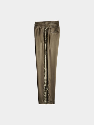 Brunello Cucinelli Wide Leg Pants aus Satin mit Samt-Streifen Oliv 1