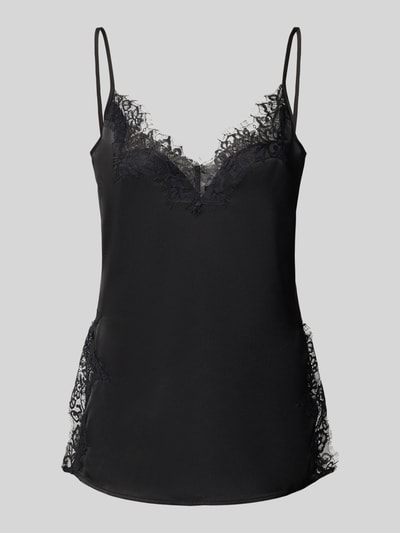 Produktfoto, Spitzentop mit V-Ausschnitt Modell 'Brenda' von My Essential Wardrobe aus schwarzem Satin mit Spitze, Regular Fit, verstellbare Spaghettiträger, Rückenlänge 45 cm bei Größe 36