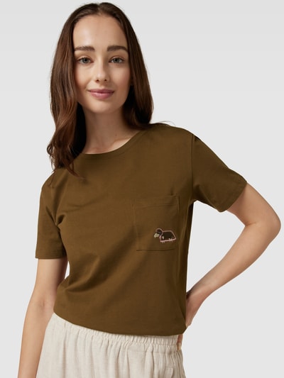 Jake*s Casual T-shirt van katoen met motiefstitching Donkerbruin - 3