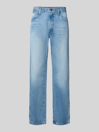 Produktfoto, Bootcut Jeans aus reiner Baumwolle von Wrangler in hellblauer Denim-Optik, 5-Pocket-Design, Knopfverschluss, Twillstruktur