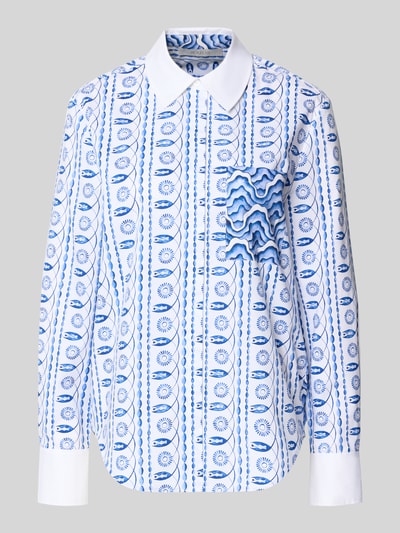 Productfoto, Regular Fit Bluse im Allover-Look met borstzak van HERZENS, wit-blauw patroon, katoen-elastaan mix, hemdkraag