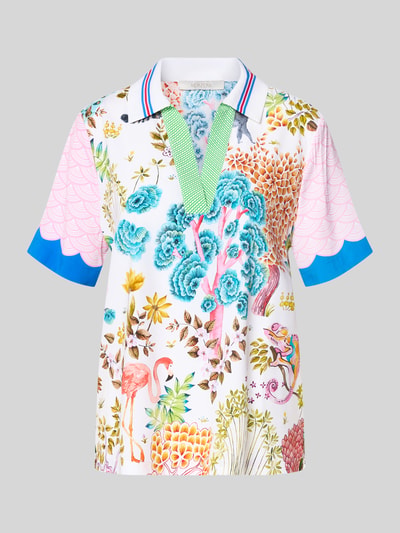 Produktfoto, Blusenshirt aus Seide-Elasthan-Mix im Allover-Look von HERZENS, dames regular fit, platte kraag, V-hals, mix van zijde en elastaan, all-over look, ruglengte maat 36: 66 cm, mouwlengte maat 36: 25 cm, veelkleurig met roze, blauw, groen en dierenprint.