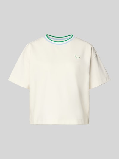 Produktfoto, Relaxed Fit T-Shirt mit Motiv-Applikation von Marc Cain für Damen, elastischer Baumwoll-Modal-Mix, Rundhalsausschnitt, cremefarben