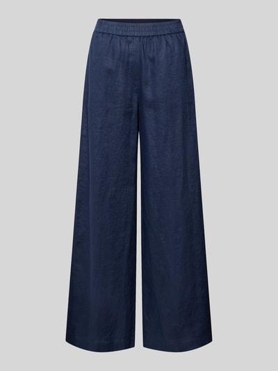 Produktfoto, Leinenhose mit elastischem Bund von Emily Van den Bergh in Dunkelblau, Wide-Leg-Pants, Reine Leinen, Seitliche Eingrifftaschen, Gesäßleistentaschen, Bundweite 36 cm, Innenbeinlänge 77 cm, Struktur glatte Leinen-Oberfläche