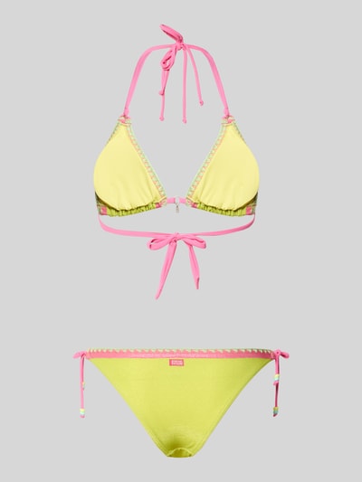 Produktfoto, Bikini met siersteentjes model 'Blucostora' van Banana Moon, elastische materiaalmix, regular fit, stitching, geel en roze