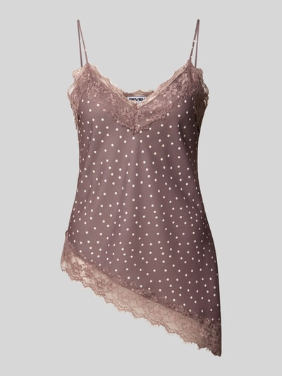 Produktfoto, Top aus Satin mit Spitzenbesatz von REVIEW, brauner Satin mit weißen Punkten, Asymmetrische Form, V-Ausschnitt, Spaghettiträger, Rückenlänge bei Größe S 54 cm.