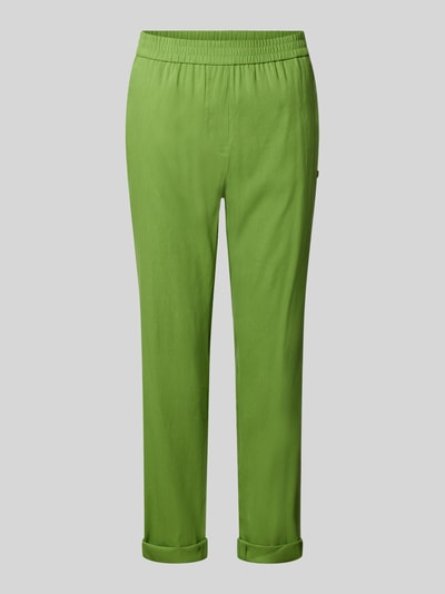 Produktfoto, Stoffhose aus Leinen-Mix mit französischen Eingrifftaschen von Marc Cain in leuchtendem Grün, gerader Schnitt, elastischer Bund, Aufschlag am Saum, integrierte Gesäßtaschen und Viskose-Anteil, glatte Textur