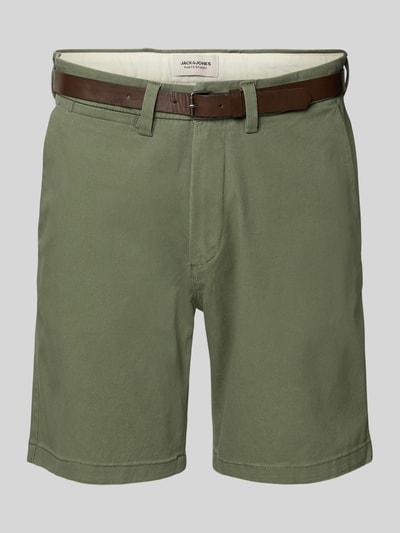 Produktfoto, Straight Fit Shorts mit abnehmbarem Gürtel Modell 'Adam' von Jack & Jones aus Baumwoll-Mix in Oliv mit Eingriff- und Gesäßtaschen, Knopf- und Reißverschluss, Bundweite 40 cm, Innenbeinlänge 19 cm.