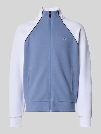 Productfoto, Regular Fit Sweatjacke aus katoenmix model 'JOIN SKAZ' van BOSS Green in tweekleurige look met ritssluiting, piqué sweat, zij-steekzakken, opstaande kraag, labelstitching, lange mouwen met geribde mouwboord, materiaalverwerking katoenmix