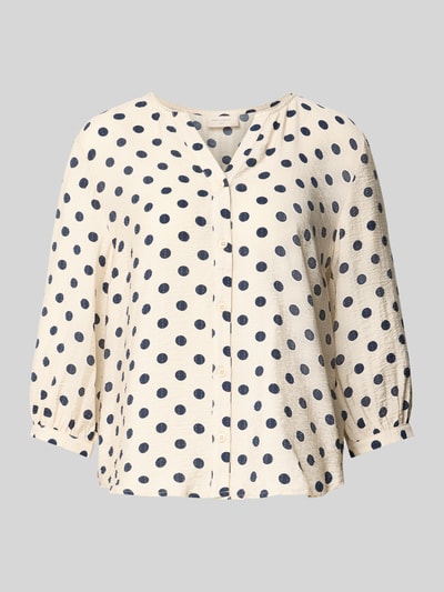 Productfoto, Regular Fit Bluse aus Viskose-Mix Modell 'Alma' van FREE/QUENT, damesblouse met V-hals, 3/4 mouw, crème met donkerblauwe stippen, context: dames bluse, viscosemix, regular fit, model 'Alma', V-hals, 3/4-mouw, ruglengte maat S 60 cm, mouwlengte maat S 43 cm.