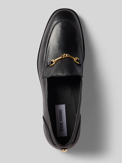 Produktfoto, Loafers aus Leder Modell 'Neona' von Steve Madden, czarna naturalna skóra, zaokrąglony czubek, zakładana przez głowę, wysokość obcasa 3 cm, wysokość cholewki 6 cm, szerokość w rozmiarze 40: 13 cm