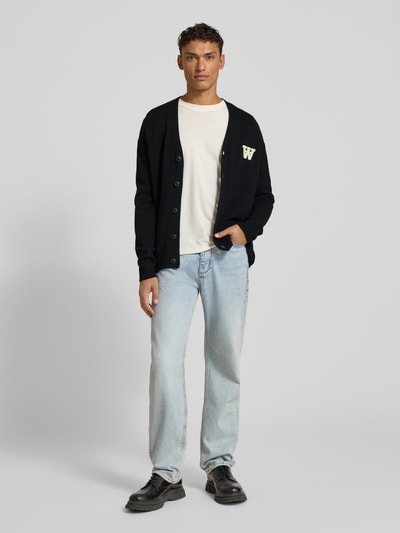 Wood Wood Gebreid jack van lamswol met V-hals, model 'Tay' Zwart - 1