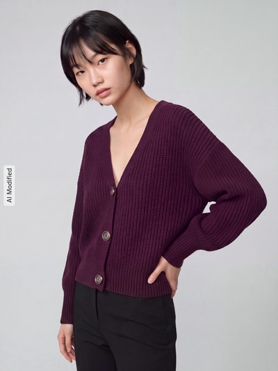 Frauenmodel trägt Oversized Strickjacke mit V-Ausschnitt Modell 'LEA' von VERO MODA in Dunkellila, Strukturstrick, Nahaufnahme Oberkörper, KI-modifiziertes Bild.