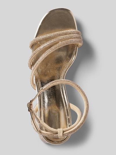 Produktfoto, Sandalette mit Ziersteinbesatz Modell 'LILLY SPARK' von Buffalo, złoty metaliczny kolor, pasek z klamrą, nosek zaokrąglony, obcas blokowy 6 cm, szerokość w rozmiarze 40