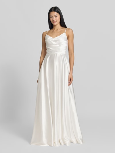 Vrouwenmodel draagt Brautkleid aus Satin met Draperingen van LUXUAR FASHION in ivoor, A-lijn, maxi-jurk met spaghettibandjes, gladde glans, ruglengte maat 36: 131 cm, borstwijdte maat 36: 31 cm. Volledige lichaamsaanzicht van voren.