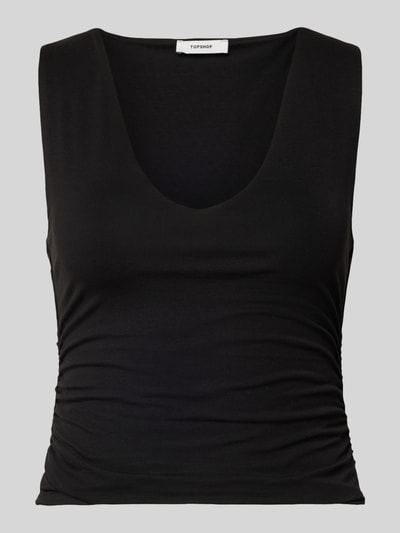 Produktfoto, schwarzes Slim Fit Trägertop mit Raffungen und V-Ausschnitt Modell 'MY' von Topshop aus Baumwoll-Elasthan-Mix, Cropped