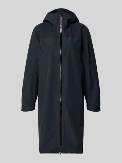Produktfoto, dunkelblauer Mantel mit Zweiwege-Reißverschluss und Kapuze von PEAK PERFORMANCE, glatte Oberfläche, Modell TREELINE HIPE® 2.5L SHELL, Relaxed Fit