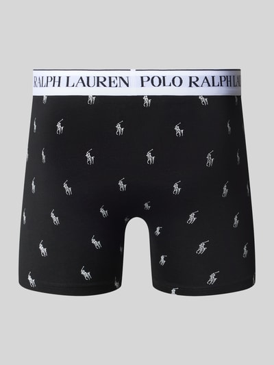Produktfoto, schwarze Trunks aus Baumwoll-Mix im 3er-Pack von Polo Ralph Lauren Underwear mit weißem Logo-Bund und Logo-Muster.