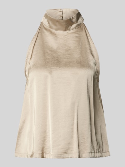 Produktfoto, Top mit Stehkragen Modell 'Zuzeel' von mbyM in heller Beige-Nuance, gerade geschnitten, glänzende glatte Textur, Schlüsselloch-Ausschnitt hinten, Material-Mix mit Viskose-Anteil, Rückenlänge 52 cm bei Größe S.