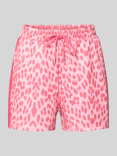 Produktfoto, Shorts im Allover-Look Modell 'ROXIE' von OH APRIL, Damen Shorts mit Material-Mix, Regular-Fit, elastischer Bund mit Tunnelzug, rosa und pinke Musterung, Bundweite 37 cm, Innenbeinlänge 9 cm, glatte Textur.
