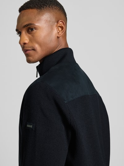 bugatti Gebreid jack met suède aan de voorkant en opstaande kraag Marineblauw - 3