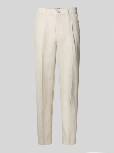 Produktfoto, Straight Fit Leinenhose mit Bügelfalten von JAKE*S STUDIO MEN in Beige mit Eingrifftaschen, Gesäßtaschen, teilelastischem Bund, Knopf- und Reißverschluss, reine Leinen, glatte strukturierte Oberfläche, Bundweite 42 cm, Innenbeinlänge 75 cm, klare Linien, dezente Textur.
