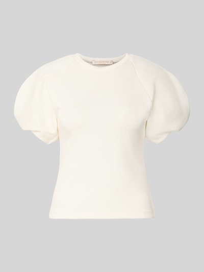 Produktfoto, Bluse mit Ballonärmeln van Rinascimento in crèmekleur, materiaalmix met stretch, getailleerd, ronde hals, ruglengte maat S 55 cm, mouwlengte maat S 27 cm.