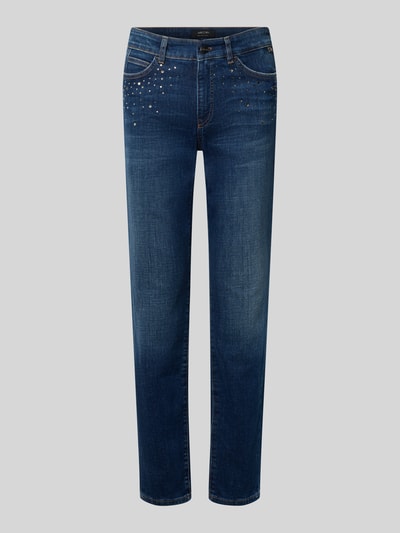 Produktfoto, Skinny Fit Jeans aus elastischem Baumwoll-Mix mit Strasssteinen von Marc Cain, donkerblauw, 5-pocket-design, riemlussen, knoop- en ritssluiting, binnenbeenlengte 77 cm, taillewijdte 38 cm