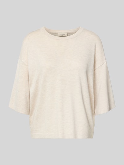 Produktfoto, gebreid shirt uit viscosemix Model 'Conny' van FREE/QUENT in beige, relaxed fit, ronde hals, context: dames, ruglengte maat S 58 cm, mouwlengte maat S 28 cm