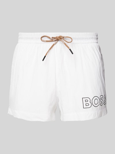 BOSS Relaxed Fit Badeshorts mit Label-Print Modell 'Mooneye' Weiss 1