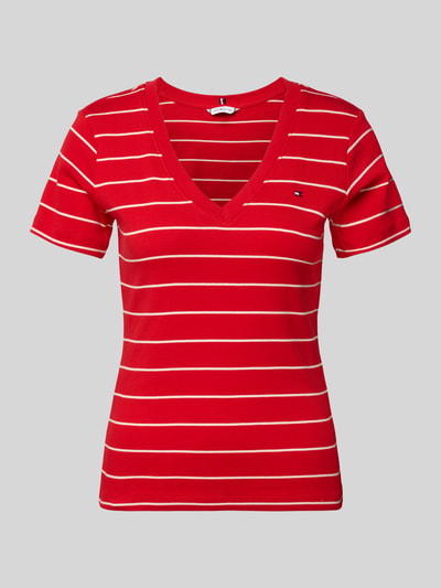 Productfoto, Slim Fit T-shirt uit puur katoen van Tommy Hilfiger, tweekleurige look, gestreept patroon, logodetail, V-hals, korte mouw, jersey.