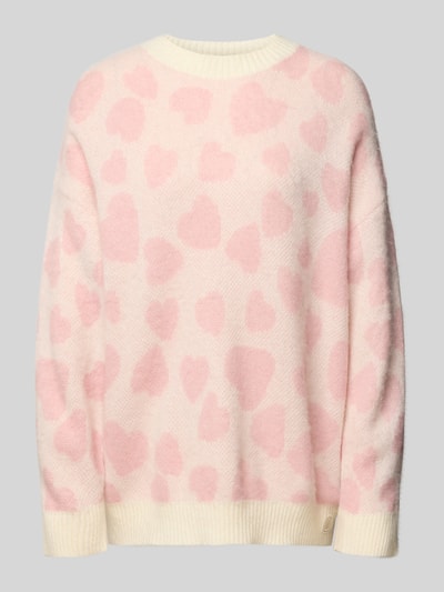 Produktfoto, Relaxed Fit Strickpullover mit Woll-Mohair-Anteil Modell 'Sallyna_B' von HUGO BLUE, Optik: Unifarben, Allover-Muster, Materialverarbeitung: Strick, Farbe Weiß mit rosa Intarsien-Herzmustern, Ärmelabschluss und Rumpfabschluss gerippt.