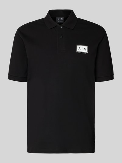 Productfoto, Regular Fit Poloshirt met knoopsluiting van ARMANI EXCHANGE, zwart katoen-elastaanmix, labelprint, elastische mouwboorden, ruglengte maat M 70 cm.