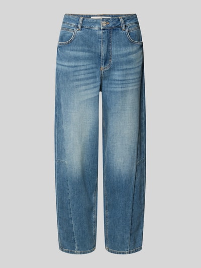 Produktfoto, Jeans aus Baumwoll-Mix in verkürzter Passform von Lanius, mieszanka bawełny, krój tapered fit, 5 kieszeni, zapięcie na guzik i zamek błyskawiczny, szerokość w rozmiarze 36: 38 cm, długość wewnętrzna nogawki w rozmiarze 36: 73 cm, niebieski denim, efekt przetarć