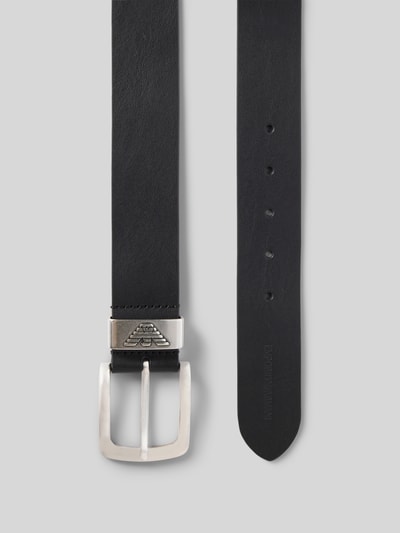 Produktfoto, Gürtel aus echtem Rindsleder mit Dornschließe von Emporio Armani, schwarzes Strukturmuster, Logo-Detail, Breite 4 cm