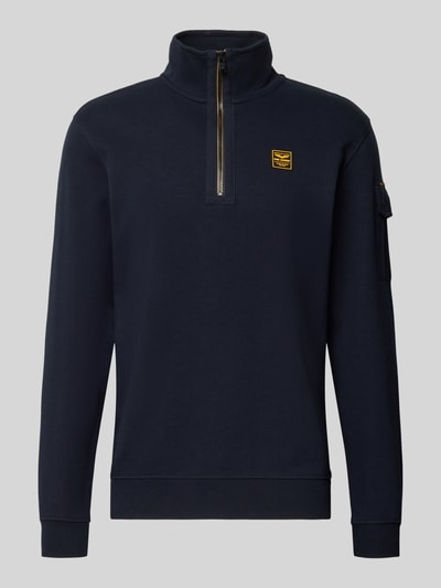 Produktfoto, Regular Fit Sweatshirt Baumwoll-Mix mit Troyer-Kragen von PME Legend in donkerblauw met logopatch, mouwzak, elastische boordjes, regular fit, schipperskraag, logolabel, ruglengte maat M 68 cm, mouwlengte maat M 68 cm, heren sweatshirt.
