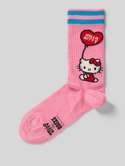 Produktfoto, Socken aus Baumwoll-Mix Modell 'HELLO KITTY LOVE' von Happy Socks, pink mit Hello Kitty Motiv, farbige Streifen, Ripp-Optik, Label-Detail