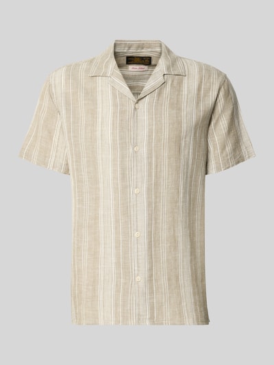 Produktfoto, Regular Fit Freizeithemd mit Leinen-Anteil Modell 'Summer' von Jack & Jones Premium in Beige mit weißen Streifen, Kurzarm, Reverskragen, aus Baumwoll-Mix, durchgehende Knopfleiste, glatte Struktur