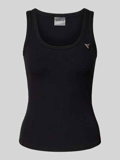 Produktfoto, schwarzes Slim Fit Top aus elastischem Viskose-Mix Modell 'Colette' von Guess Activewear mit Logo-Applikation und Rundhalsausschnitt.