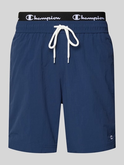 Produktfoto, Badehose mit Label-Details und Gesäßtasche von CHAMPION in Dunkelblau, Regular-Fit, elastischer Bund, Tunnelzug, feine Textur