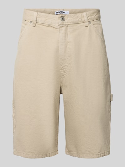 Produktfoto, Bermudas mit seitlichen Eingrifftaschen von REVIEW in Beige aus Reine Baumwolle, Straight Fit, Knopf-Reißverschluss, Bundweite 44 cm, Innenbeinlänge 25 cm, klare Struktur