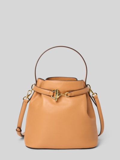 Produktfoto, Bucket Bag aus echtem Rindsleder von Lauren Ralph Lauren in hellbraun, Zierschnalle, abnehmbare Schulterriemen, Breite 24 cm, Länge 24 cm, Tiefe 14 cm, Länge Schulterriemen 117 cm, offenes Hauptfach, Innenfach mit Reißverschluss, glatte Textur
