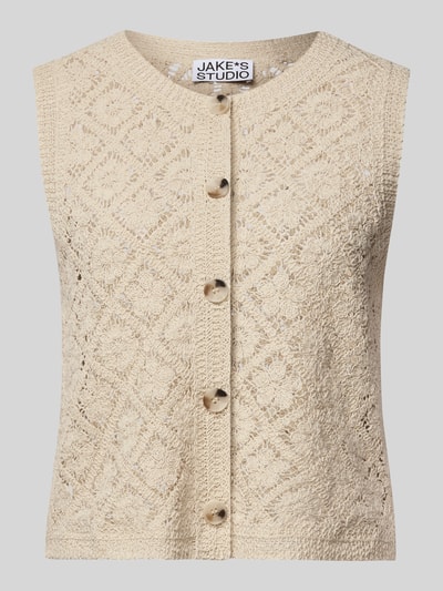 Produktfoto, Strickweste mit Rundhalsausschnitt und Knopfleiste von JAKE*S STUDIO WOMAN in Beige, feine Strickstruktur mit Ziermuster, Regular Fit, Rückenlänge 50 cm bei Größe 36.