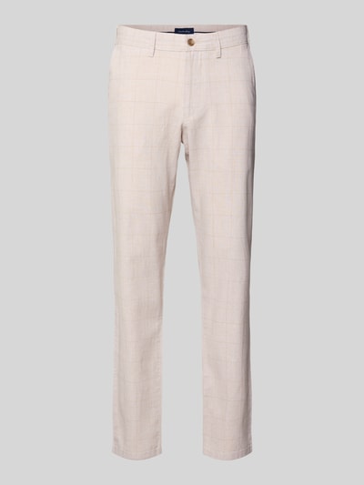 Productfoto, Hose aus Baumwoll-Leinen-Mix mit Glencheck-Muster van Christian Berg Men, regular fit, beige met fijn ruitpatroon, achterzakken, taillewijdte 45 cm en binnenbeenlengte 78 cm bij maat 50