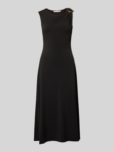 Produktfoto, Midikleid mit Schulter-Applikation von Christian Berg Woman Selection in Schwarz, Elastischer-Material-Mix, Taillierte Passform, Rundhalsausschnitt, Raffung, Rückenlänge 118 cm, Brustweite 34 cm bei Größe 36.
